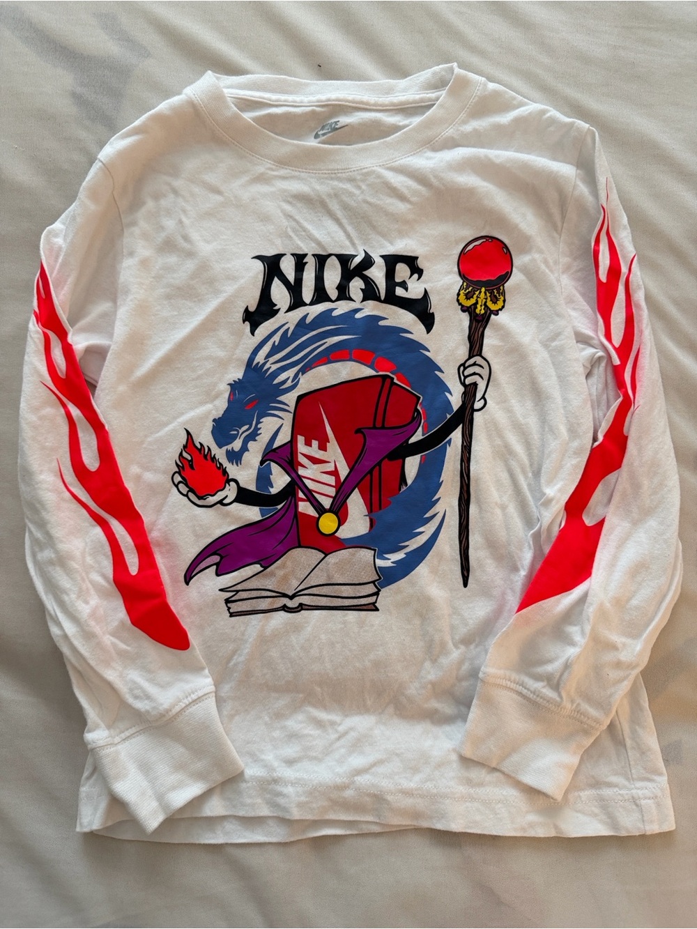 Nike White Long-Sleeve Shirt with Neon Flame Sleeves and Multicolor Graphic